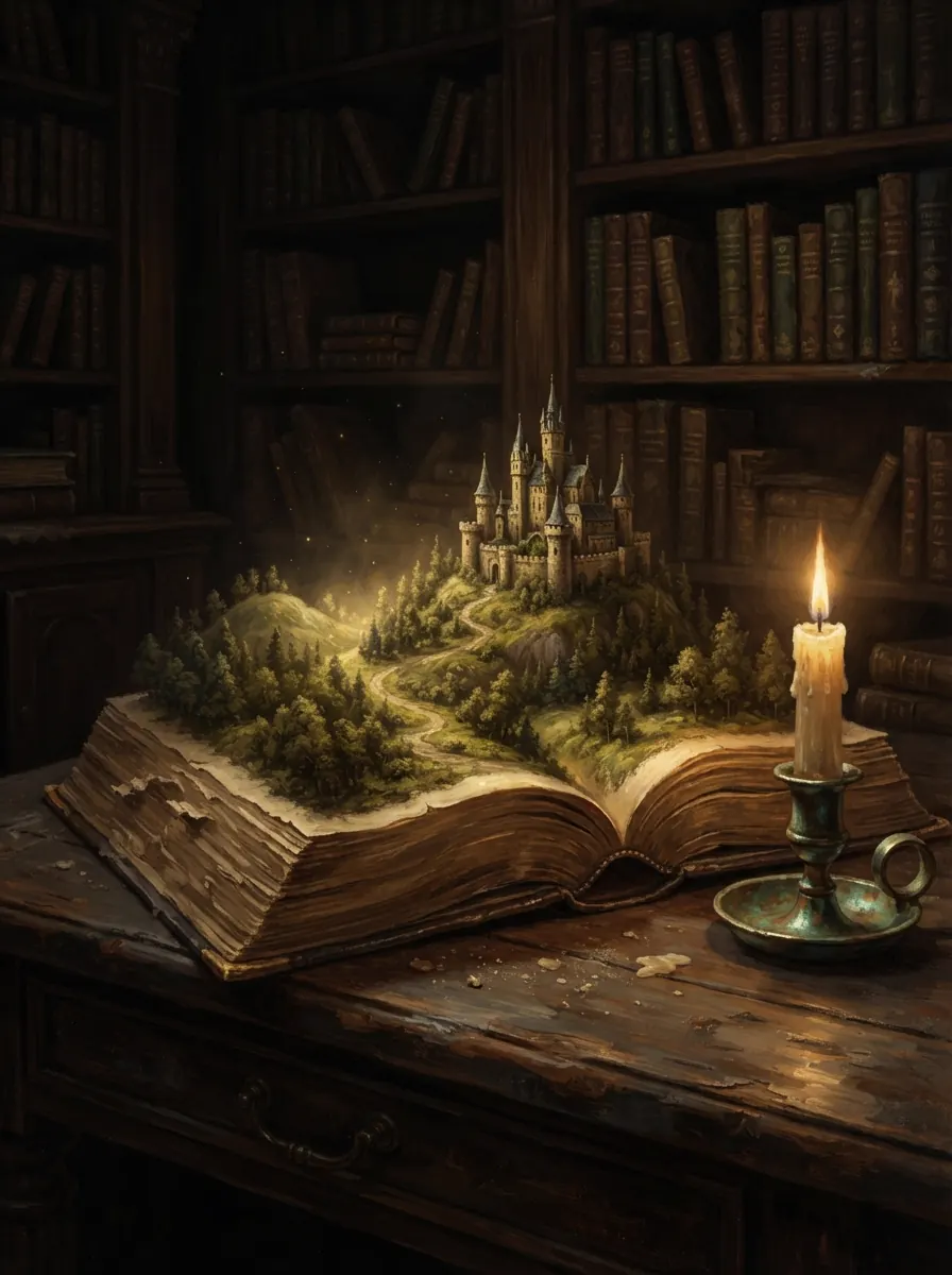 A single candle and an open notebook on a dark desk.