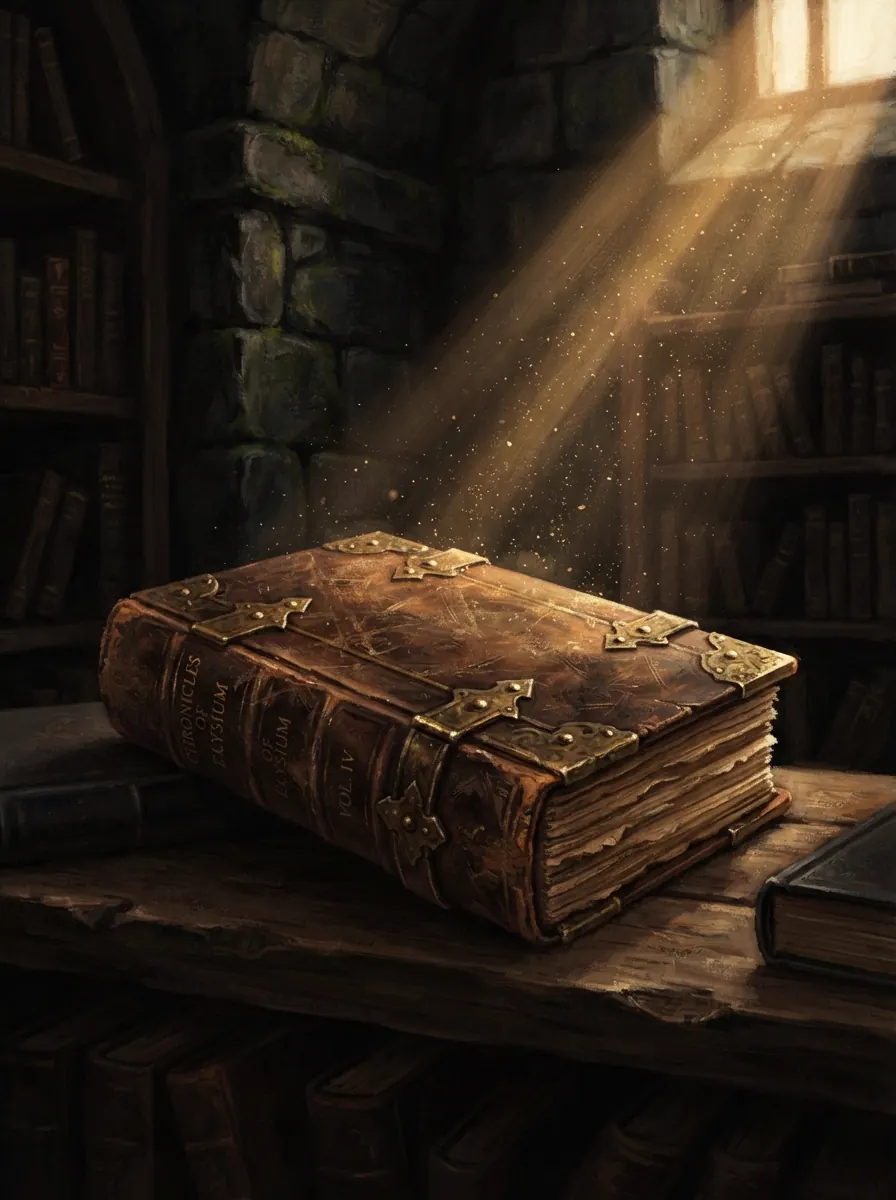 A leather-bound tome closed with a brass clasp, resting in a quiet vault.